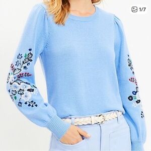 LOFT Light Blue Sweater with Floral Embroidery